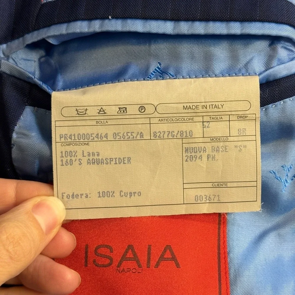 Isaia Napoli Men Blue Pinstripe 160's Aquaspider Wool‎ Suit 52 IT 42 US 8R